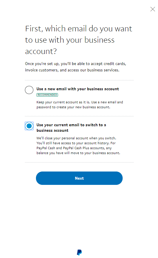 selecting the email address you want to use with your business account