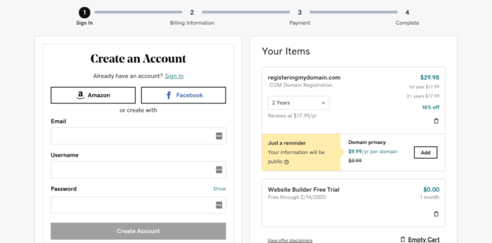 Filling out personal and billing information on GoDaddy