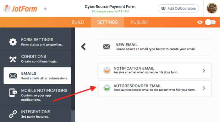 Email Settings in the Jotform Form Builder Clicking on Autoresponder Email