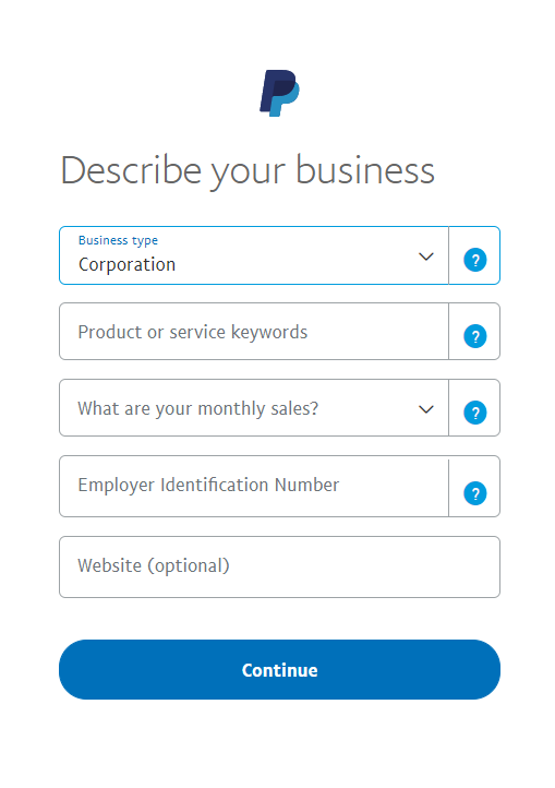 "describe your business" modal