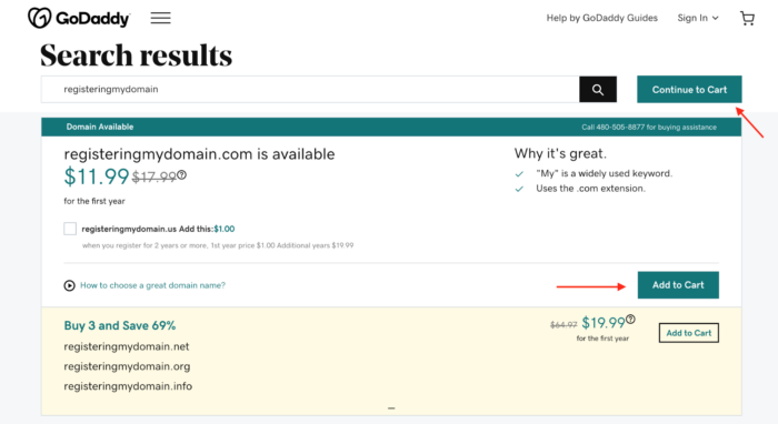 domain name added to cart