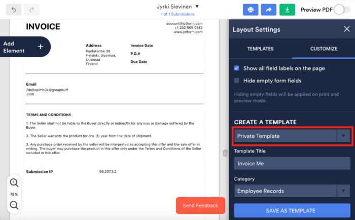 Create a Template Option of the Jotform PDF Editor Selecting Private Template
