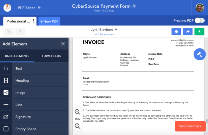 CyberSource Payment Form in the Jotform PDF Editor 