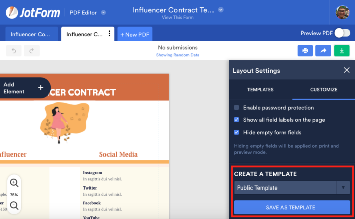 Create a Template Option of the Jotform PDF Editor Selecting Public Template