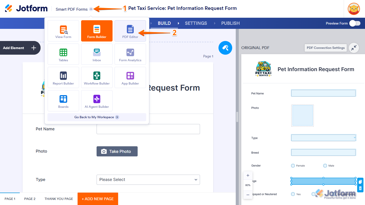 Opción de Editor PDF en el menú Selector de Apps del Constructor de Formularios de Jotform