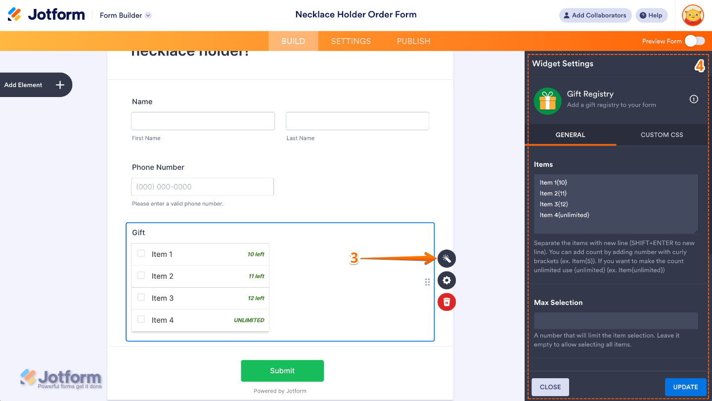 Configuring the Gift Registry settings from the Widget Settings panel
