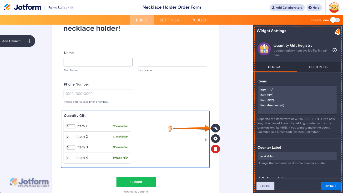 Configuring the Quantity Gift Registry settings from the Widget Settings panel