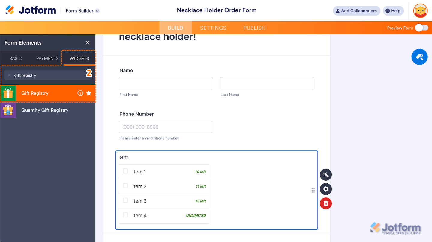 Selecting the Gift Registry widget from the Widgets tab of the Form Elements menu