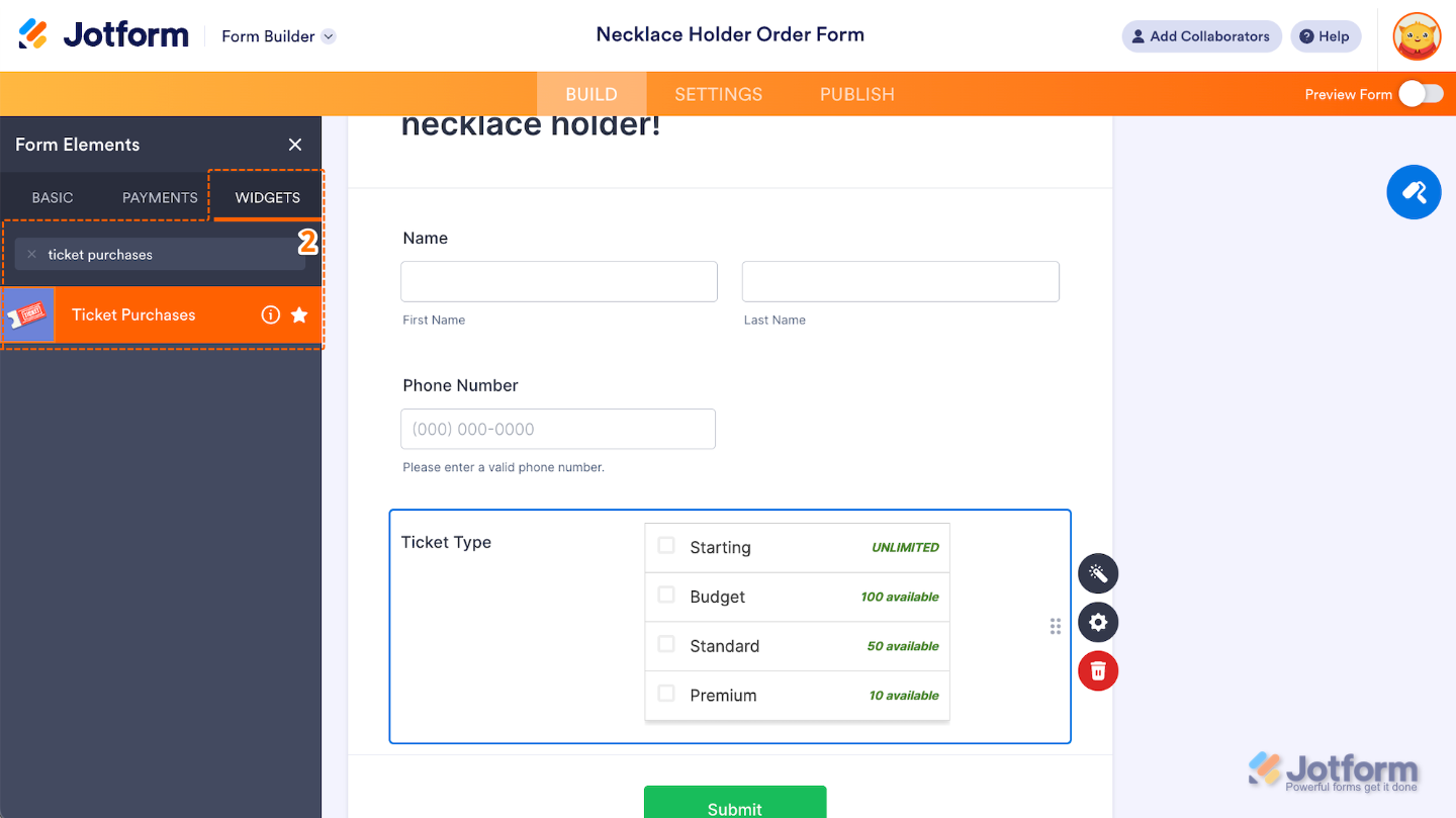 Selecting the Ticket Purchase widget from the Widgets tab of the Form Elements menu