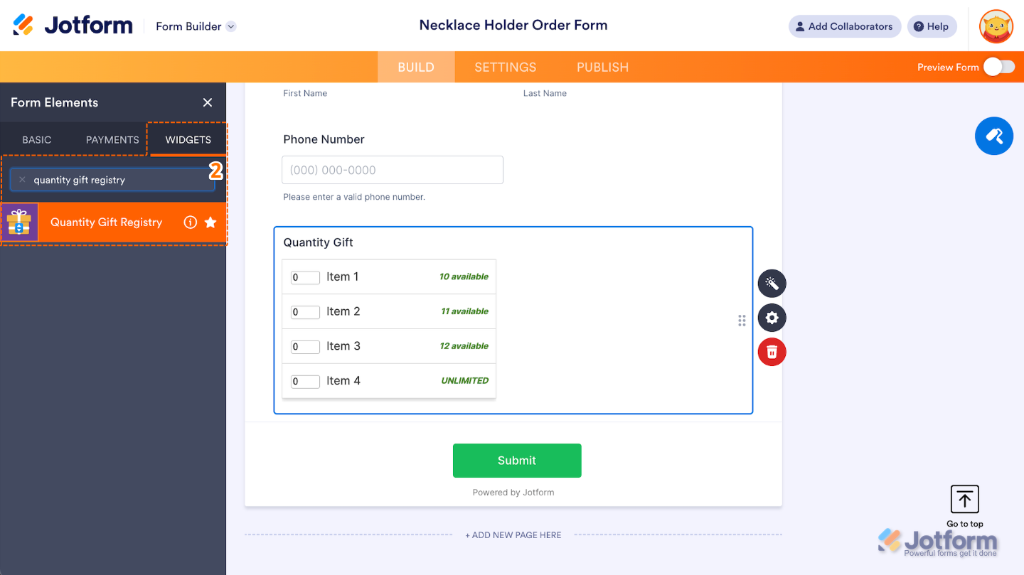 Selecting the Quantity Gift Registry widget from the Widgets tab of the Form Elements menu
