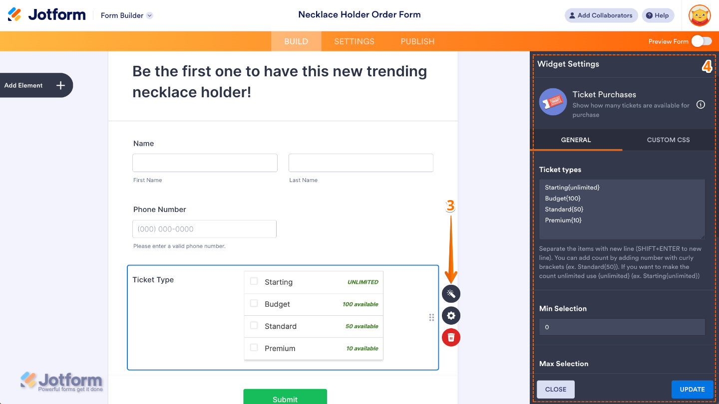 Configuring the Ticket Purchases settings from the Widget Settings panel