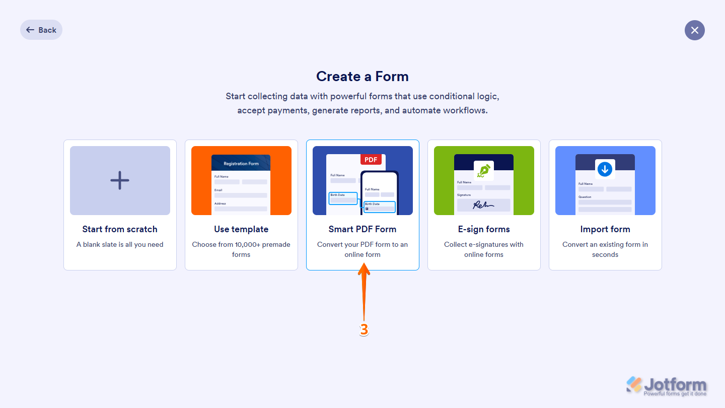 Opción de Formulario Inteligente PDF en la ventana Crear un Formulario de la página Mi Espacio de Trabajo de Jotform