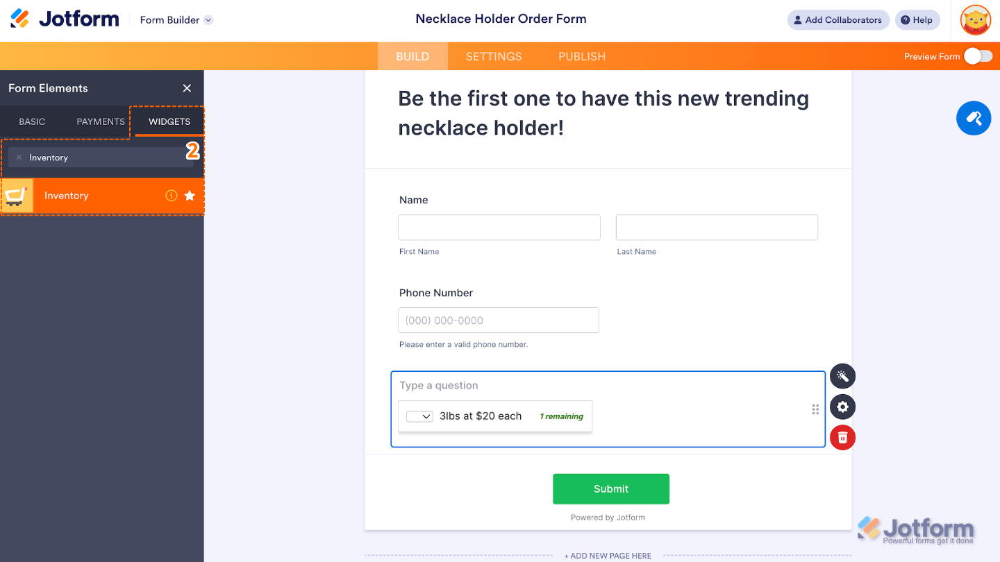 Selecting the Inventory widget from the Widgets tab of the Form Elements menu