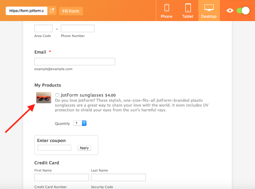 Product with the description and images in Jotform Form Builder interface