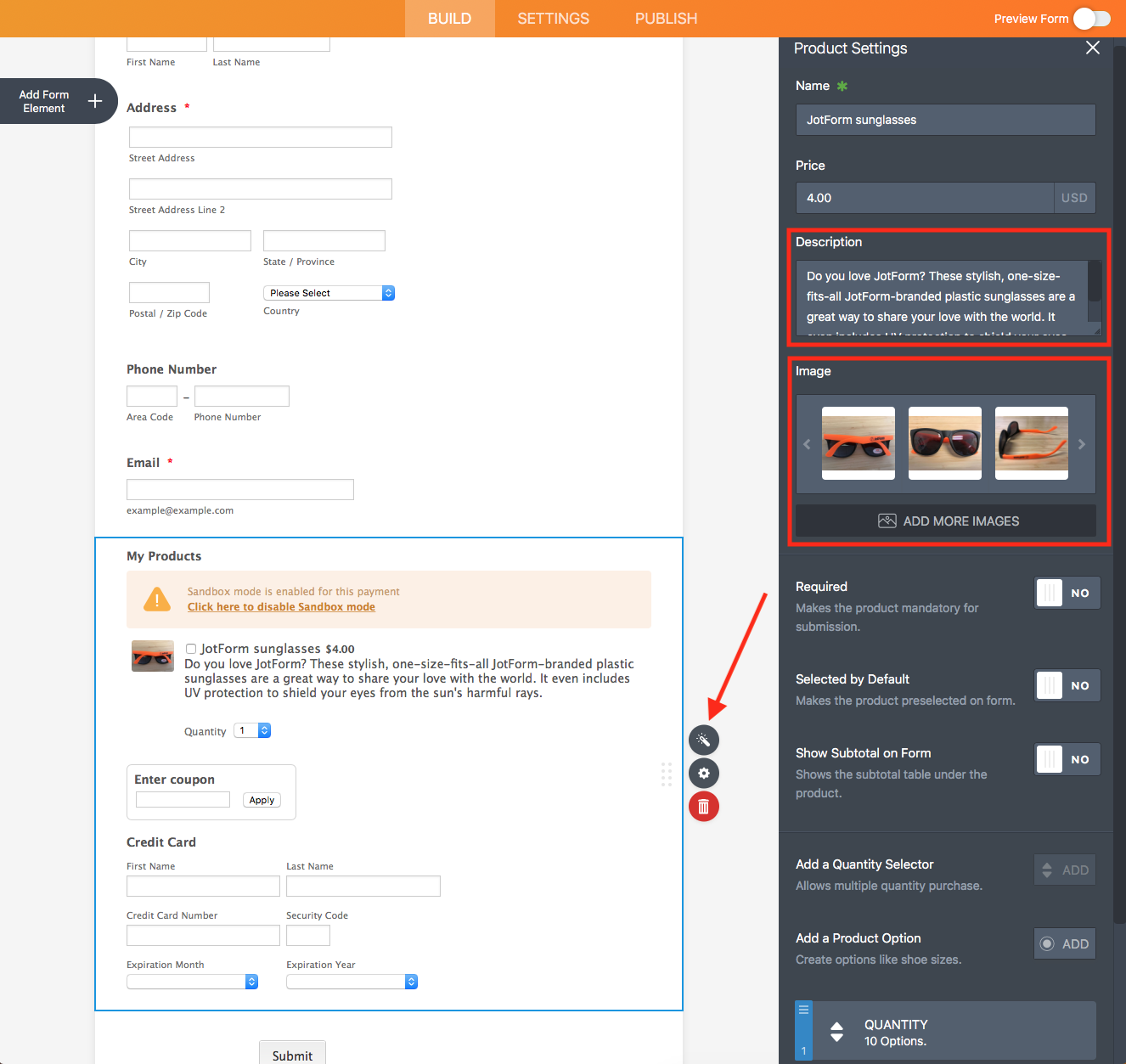 description and image settings in the Jotform Form Builder interface