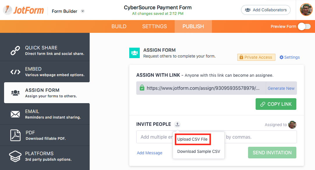 Upload CSV file from Invite People section