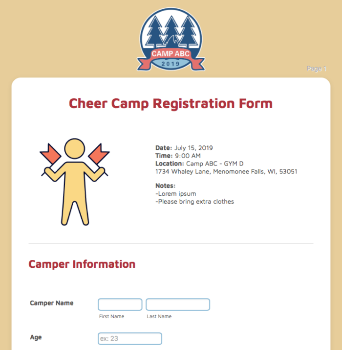 Cheer camp registration form template