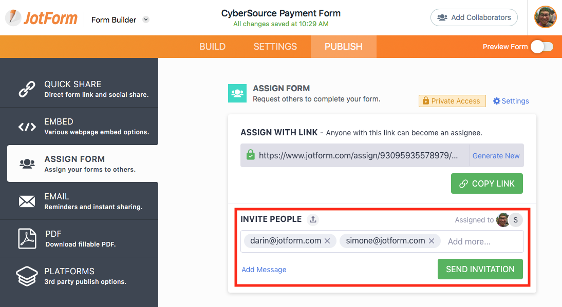 Invite People section at the Jotform Form Builder under Publish tab