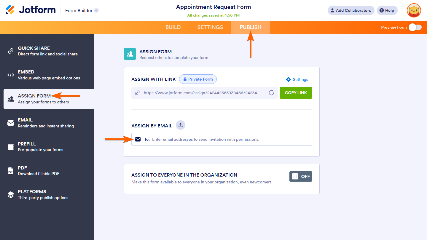 Assign By Email Recipient Field in the Assign Form Publish tab of the Jotform Form Builder