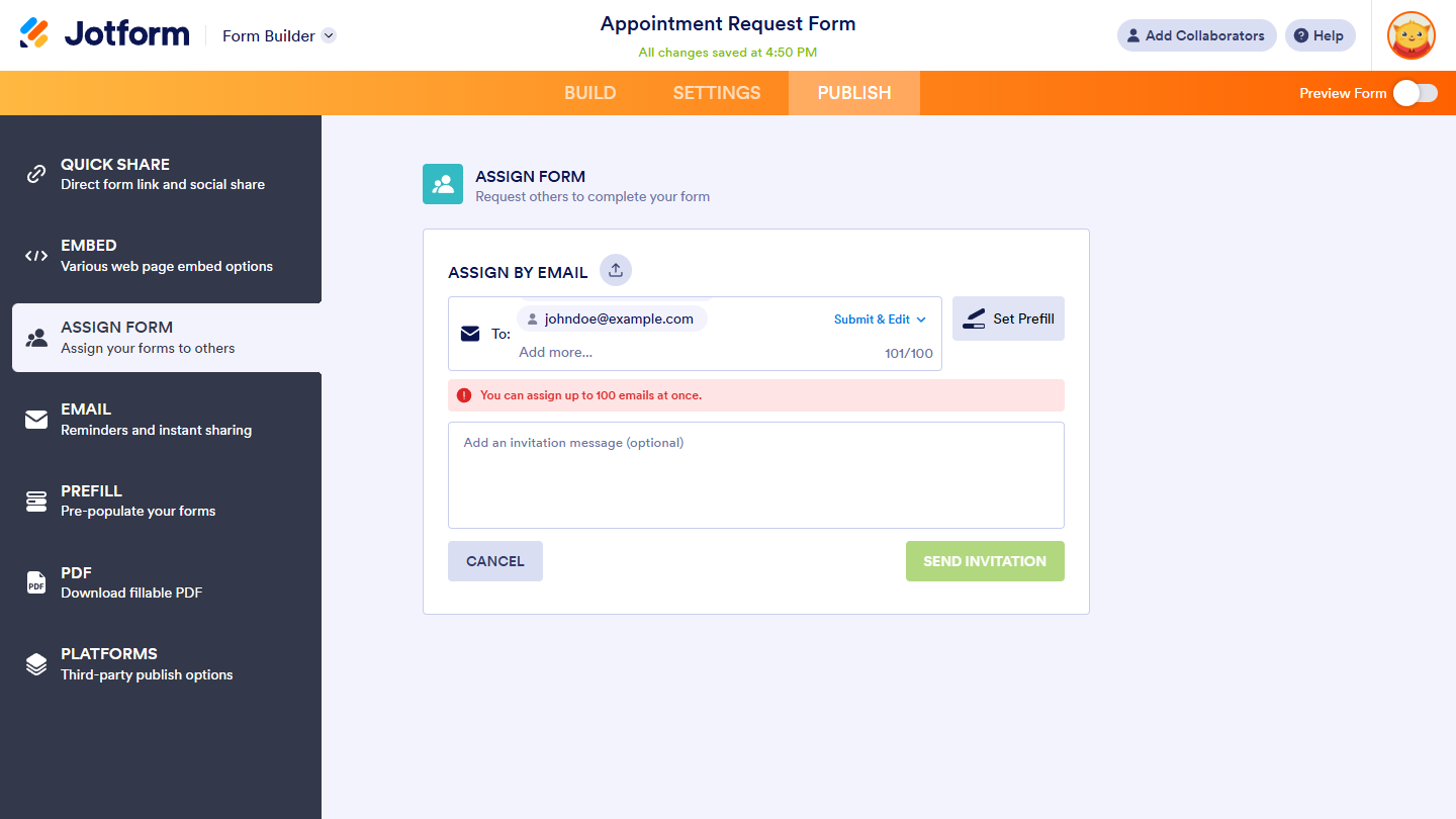 Recipient limit message of Assign By Email in the Assign Form Publish tab of the Jotform Form Builder
