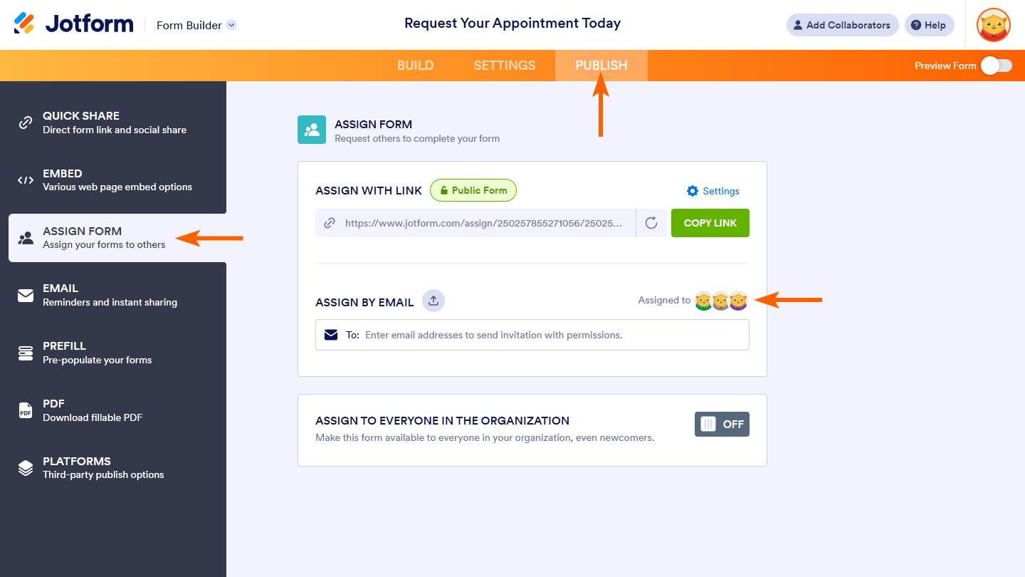 Botón Asignado a en la sección Asignar por correo electrónico en la pestaña Asignar formulario de Publicar en Jotform Form Builder