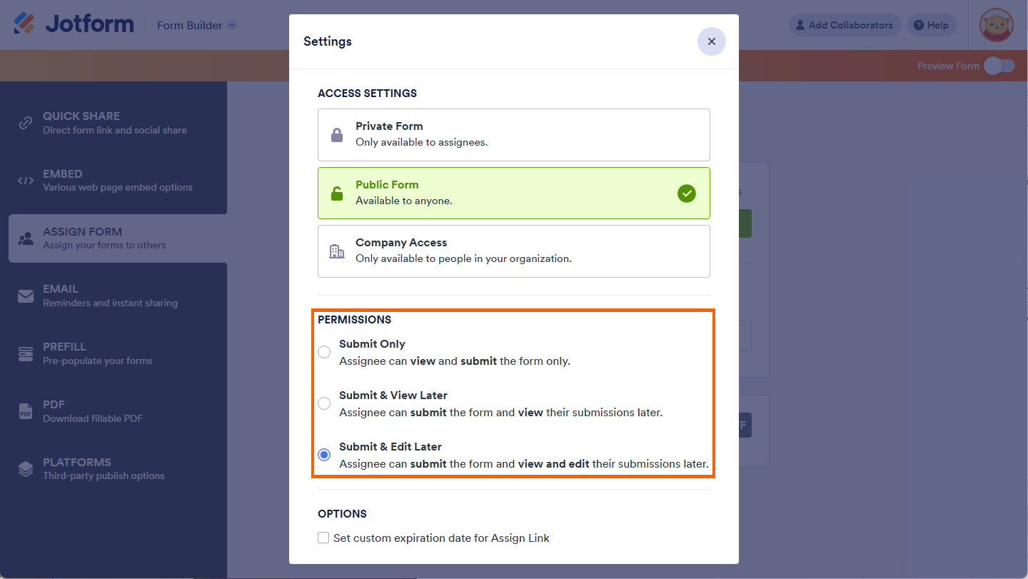 Permissions options in the Settings window of the Assign Form tab of Publish in Jotform Form Builder
