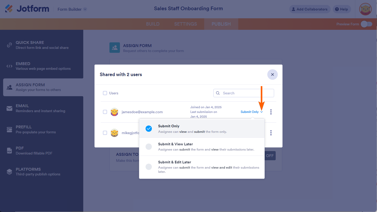 Permission dropdown of a user in the Share with window of the Assign Form tab of Publish in Jotform Form Builder