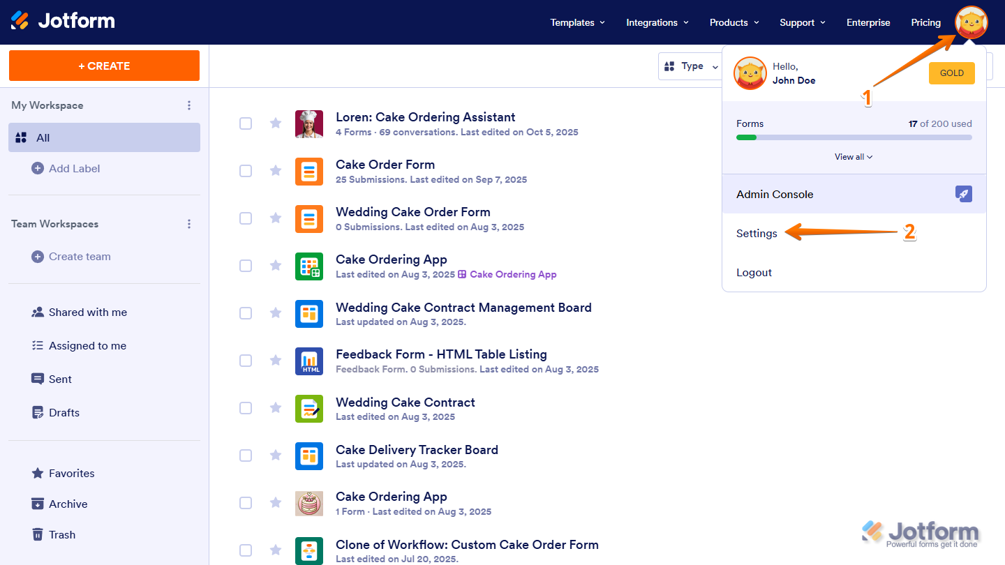 Settings option in the Avatar menu in Jotform My Workspace page