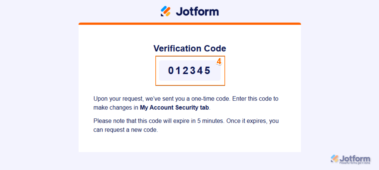 Verification Code email for making changes in the Jotform My Account Security tab