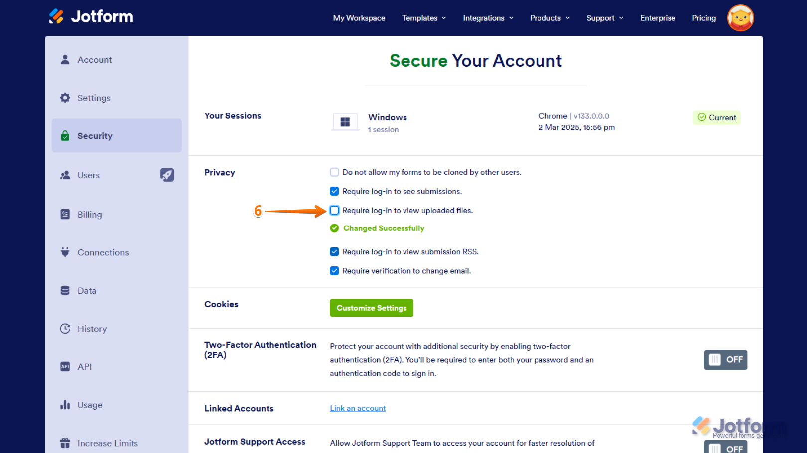 Require Log-in to View Uploaded Files option unchecked on the Privacy section of the Jotform My Account Security tab