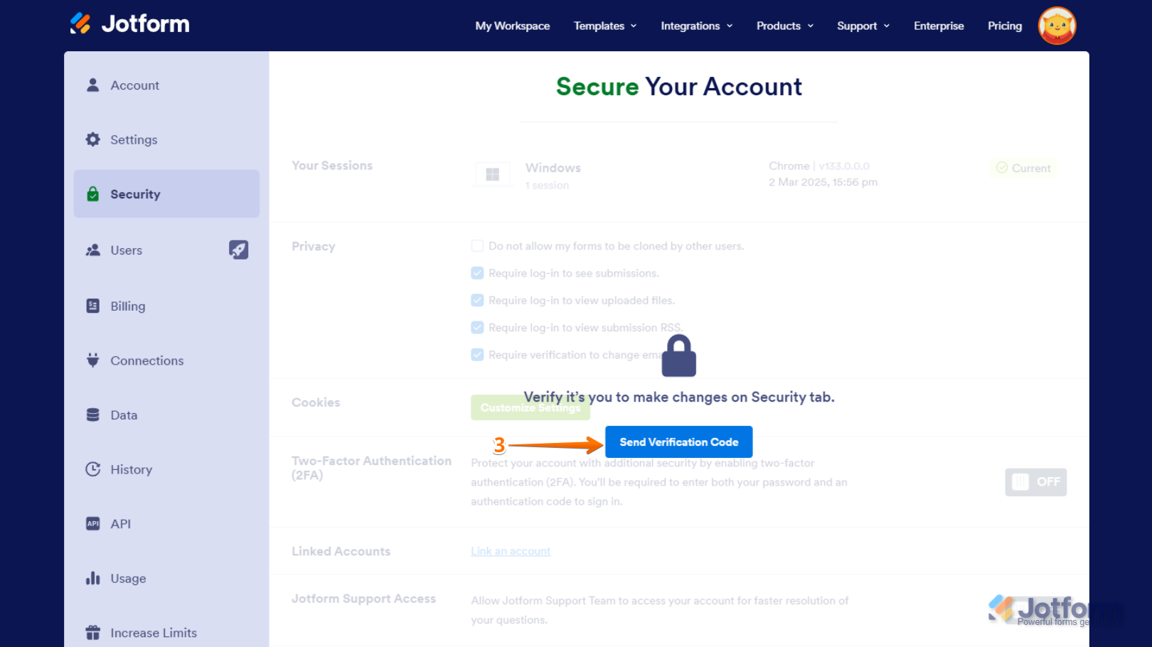 Send Verification Code button in the Verification prompt of the Jotform My Account Security tab