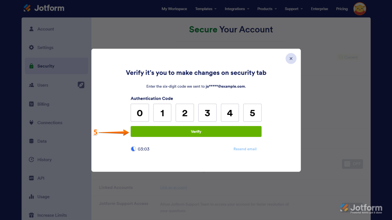 Verify Changes on Security tab pop-up in the Jotform My Account Security tab