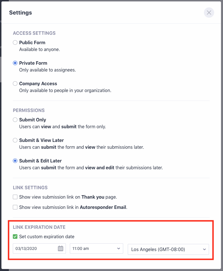 Setting custom link expiration date