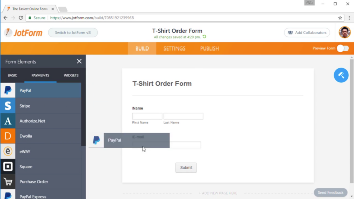 adding PayPal integration in Jotform's drag & drop form builder 