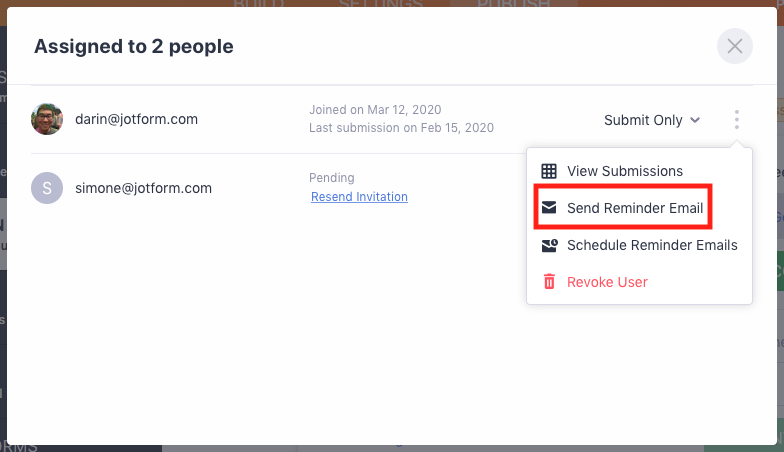 Clicking on Options for an assignee to find Send Reminder Email command