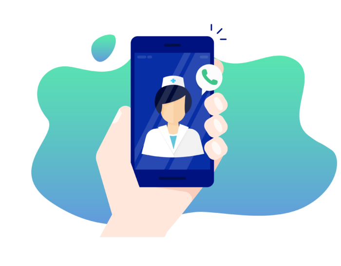 A hand holding a phone during a telenursing session