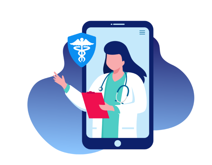 A doctor is reaching out of a smart phone with a HIPAA logo aside