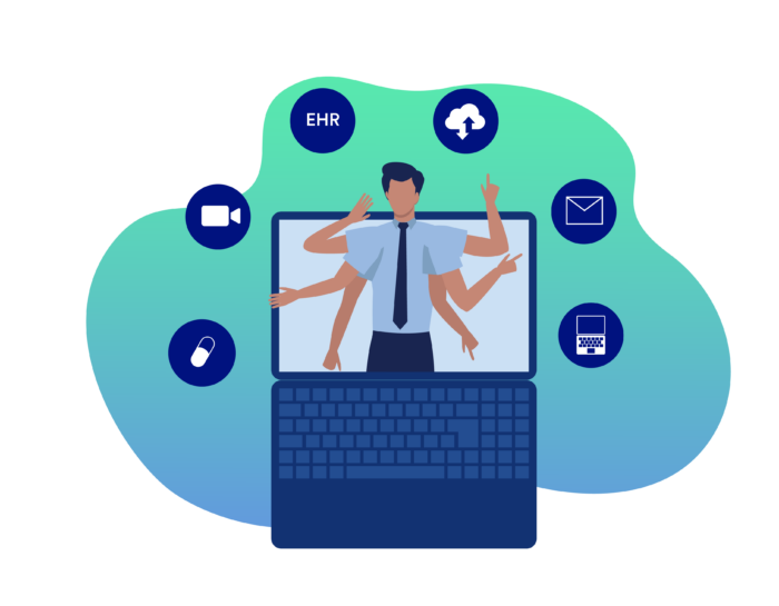 A man reaching out of the computer screen surrounded by icons representing telemedicine management