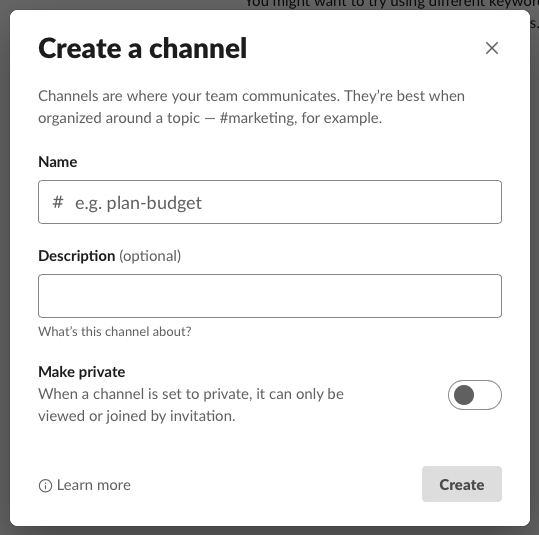 "create a channel" screen