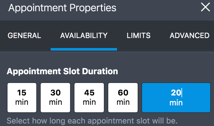 Appointment Properties Menu Availability Tab Entering Custom Minutes