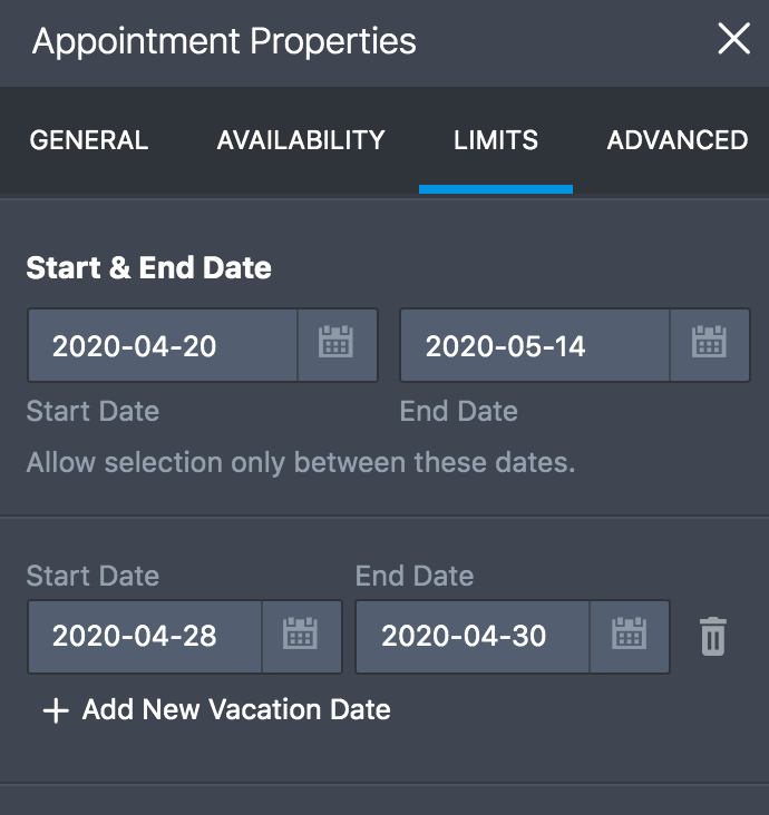 Appointment Properties Menu Limits Tab