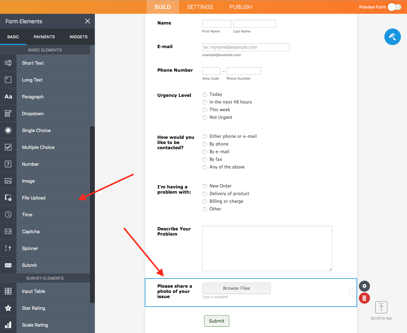 file upload field in Jotform