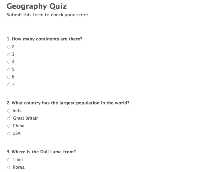 geography quiz form with a calculated number of correct answers template