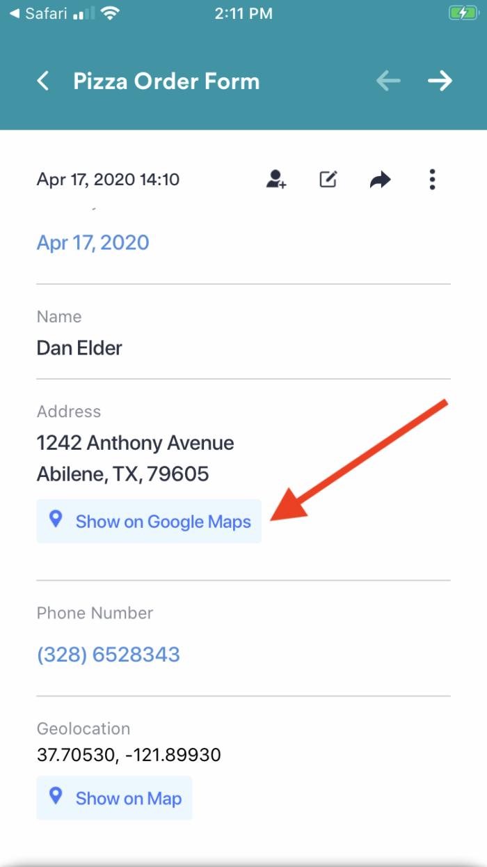 Pizza Order Form in Jotform Mobile Forms Clicking on Show on Google Maps