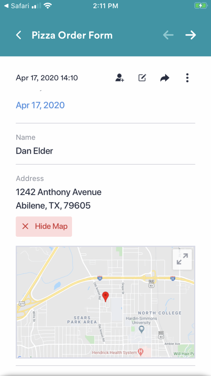 Pizza Order Form in Jotform Mobile Forms Address Section Showing in Google Maps View