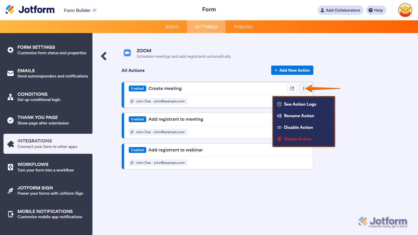 Action options in Jotform's Zoom integration settings