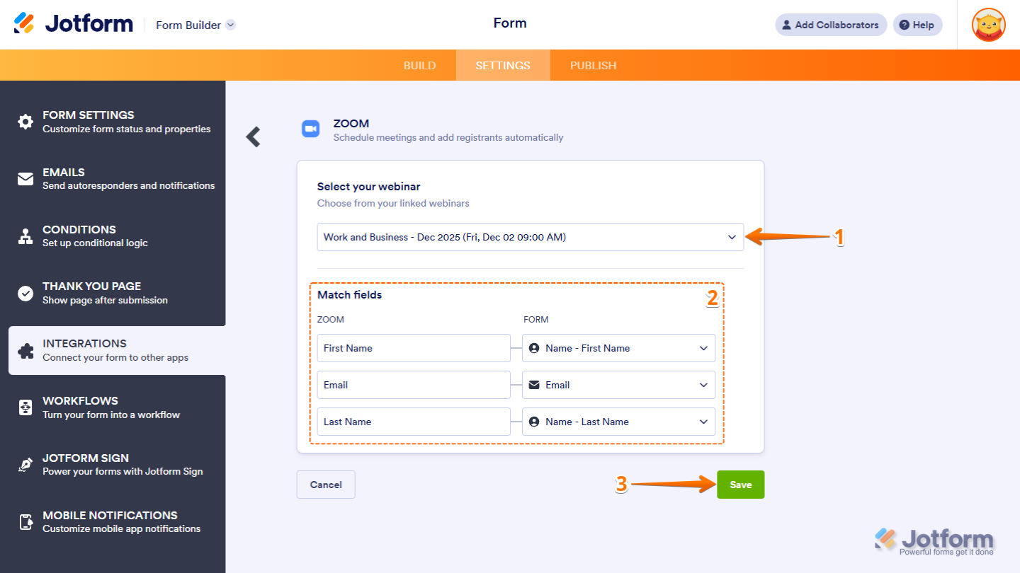 Match fields in Jotform's Zoom integration settings