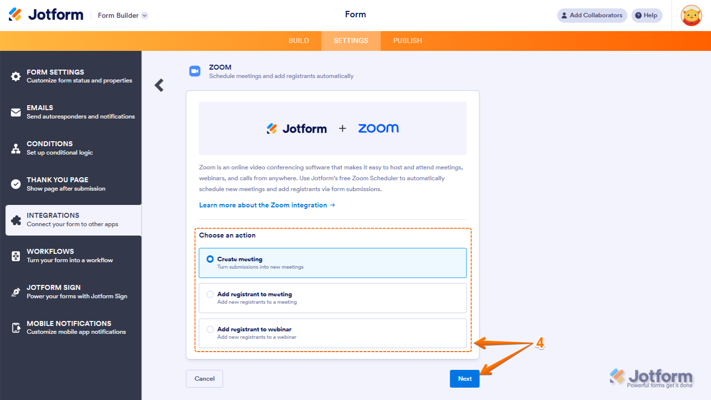 Choose an action in the Jotform's Zoom integration settings