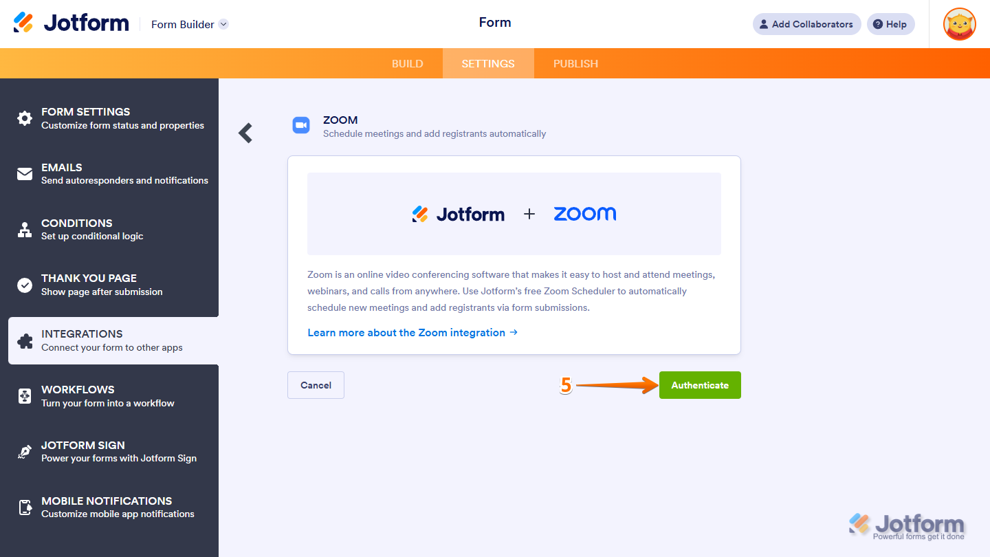 Authentication button in the Jotform's Zoom integration settings