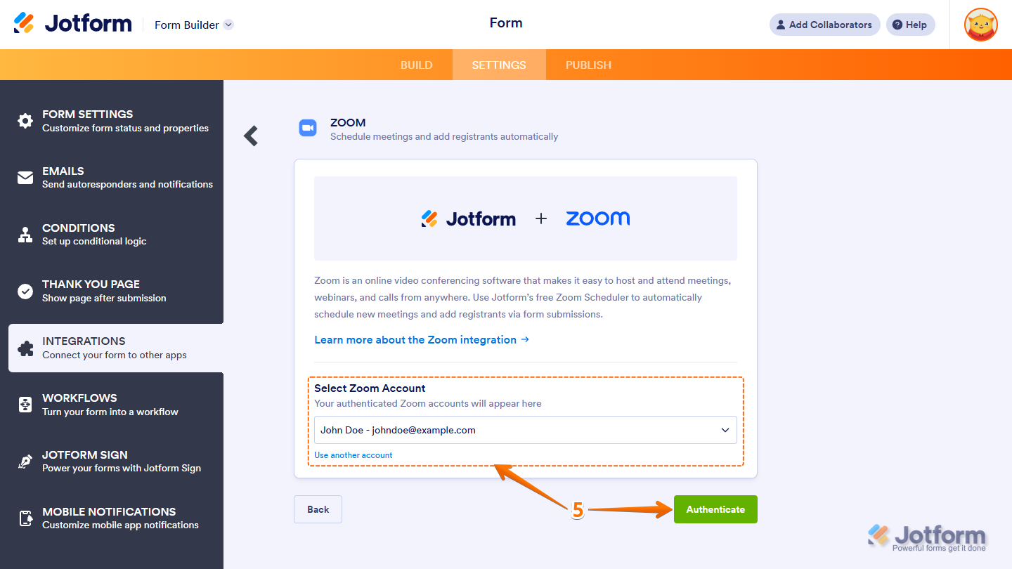 Select Zoom Account in the Jotform's Zoom integration settings